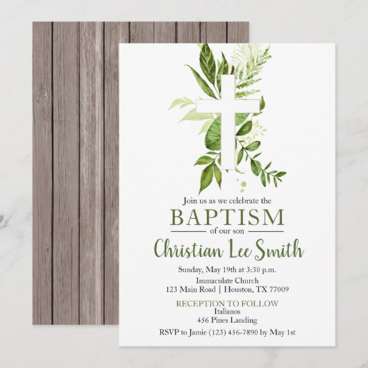 Rustic Greenery Green Cross Boy Baptisme Kaart (Voorkant / Achterkant)