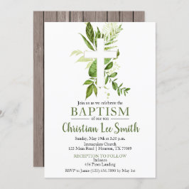 Rustic Greenery Green Cross Boy Baptisme Kaart