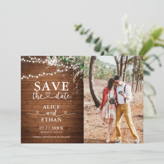 Rustic Greenery Heart Photo Save The Date (Staand voorkant)