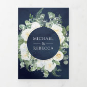 Rustic Greenery Ivory Floral Navy QR Code Weddensc Drieluik Uitnodiging (Cover)