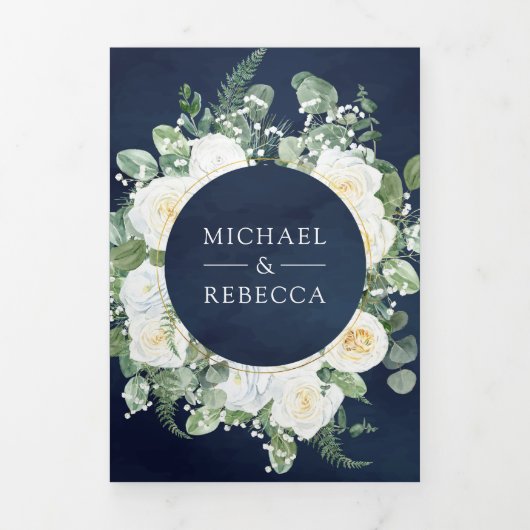 Rustic Greenery Ivory Floral Navy QR Code Weddensc Drieluik Uitnodiging (Cover)