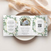 Rustic Greenery Ivory Floral Photo QR Code Weddens Drieluik Uitnodiging