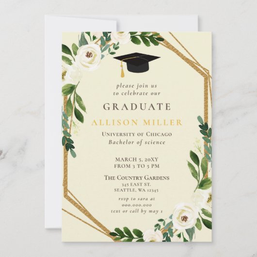 Rustic Greenery Ivory Gold Floral Afstuderen Kaart (Voorkant)