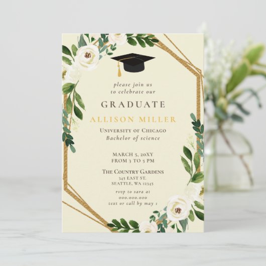 Rustic Greenery Ivory Gold Floral Afstuderen Kaart (Staand voorkant)