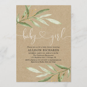 Rustic greenery kraft green leaf girl baby shower kaart