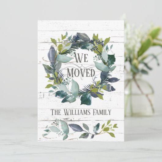 Rustic Greenery Laurel Wreath Family Moving Aankondiging (Staand voorkant)