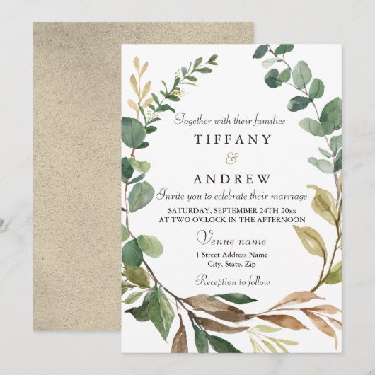 Rustic Greenery Leaf Wreath Modern Wedding Kaart (Voorkant / Achterkant)