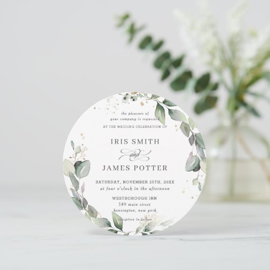 Rustic Greenery Leafy Foliage Wreath Gold Wedding Kaart (Staand voorkant)