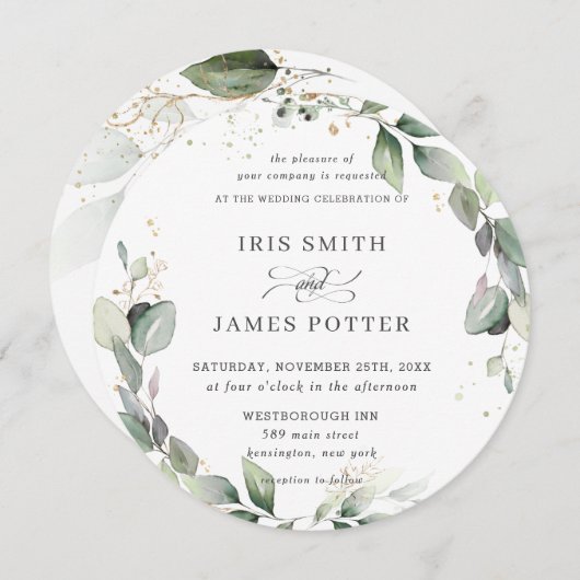 Rustic Greenery Leafy Foliage Wreath Gold Wedding Kaart (Voorkant / Achterkant)