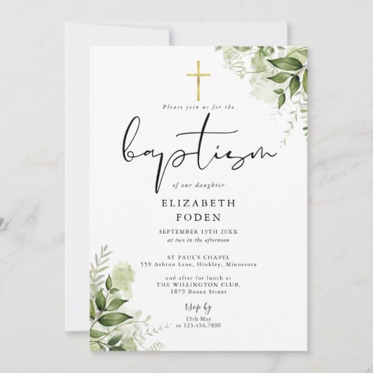 Rustic Greenery Leaves Elegant Monogram Baptisme Kaart (Voorkant)