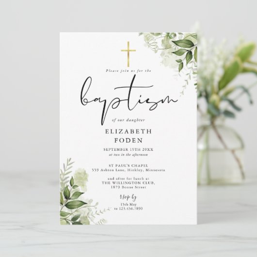 Rustic Greenery Leaves Elegant Monogram Baptisme Kaart (Staand voorkant)