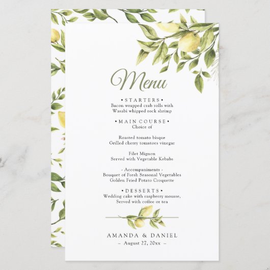 Rustic Greenery Lemons Wedding Menu (Voorkant / Achterkant)