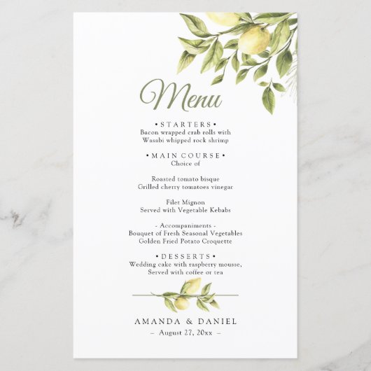 Rustic Greenery Lemons Wedding Menu (Voorkant)