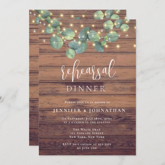 Rustic Greenery Lights Rehearsal Dinner Invitation Kaart (Voorkant / Achterkant)