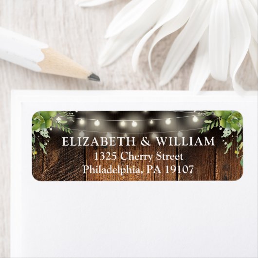 Rustic Greenery Lights Wedding Return Address Etiket (Insitu)