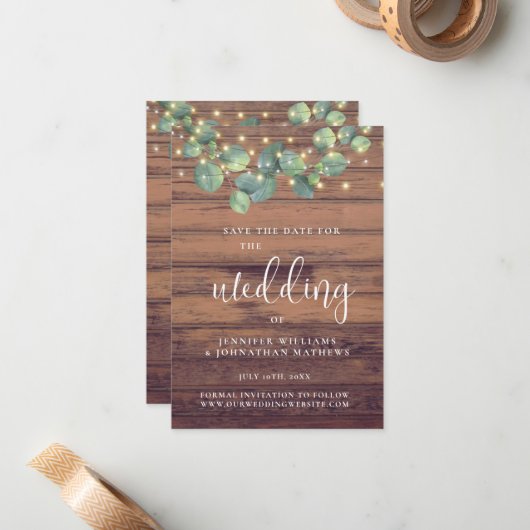 Rustic Greenery Lights Wedding Save the Date Kaart Notitiekaartje (Voorkant / Achterkant in situ)