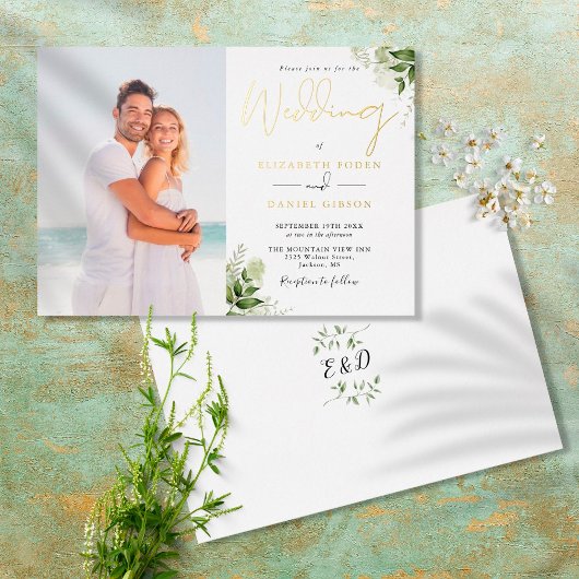 Rustic Greenery Monogram Foto Weddenschap Gold Folie Uitnodiging