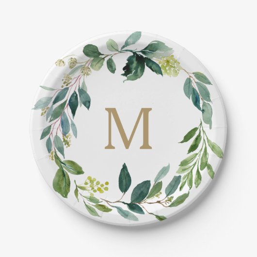Rustic Greenery Monogram Papieren Borden Papieren Bordje (Voorkant)