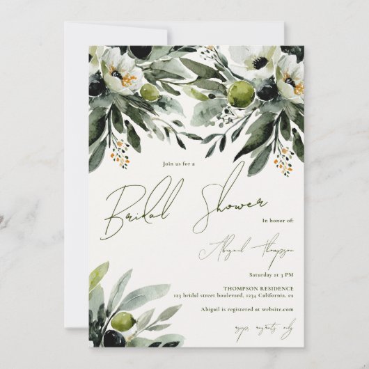 Rustic Greenery Olive Waterverf Vrijgezellenfeest Kaart (Voorkant)