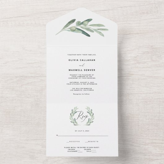 Rustic Greenery Olive Wedding All In One Uitnodiging (Binnen)