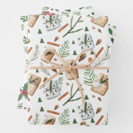 Rustic Greenery Pine kerst Berry Holiday Boho Inpakpapier Vel (In situ)