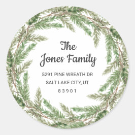 Rustic Greenery Pine Wreath Holiday Return Address Ronde Sticker