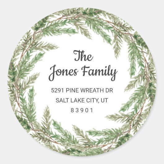 Rustic Greenery Pine Wreath Holiday Return Address Ronde Sticker (Voorkant)
