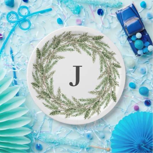 Rustic Greenery Pine Wreath Monogram Holiday Papieren Bordje (Feest)