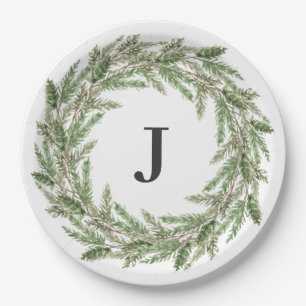 Rustic Greenery Pine Wreath Monogram Holiday Papieren Bordje