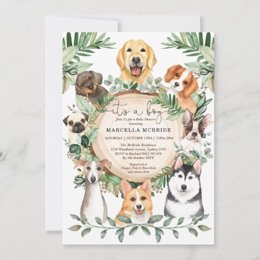Rustic Greenery Puppy Dogs Boy Baby shower Kaart (Voorkant)