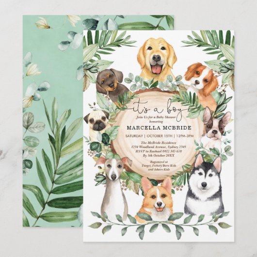 Rustic Greenery Puppy Dogs Boy Baby shower Kaart (Voorkant / Achterkant)