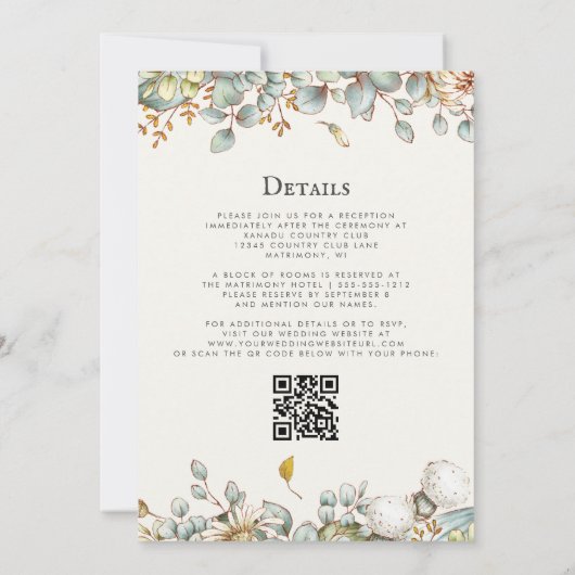 Rustic Greenery QR Code Wedding Kaart (Achterkant)