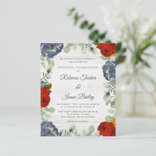 Rustic Greenery Red Blue Floral Weddenschap (Staand voorkant)