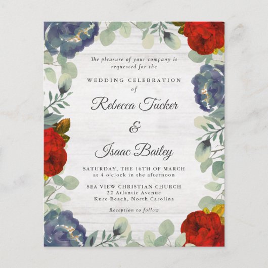 Rustic Greenery Red Blue Floral Weddenschap (Voorkant)