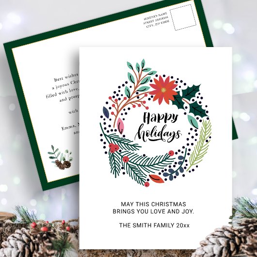 Rustic Greenery Red Poinsettia Floral Wreath Briefkaart