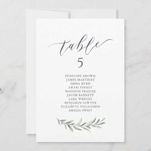 Rustic greenery script tabelnummeroverzicht kaart (Voorkant)