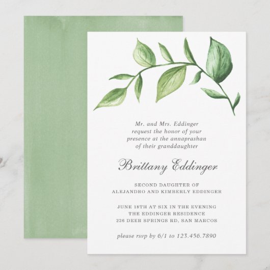 Rustic Greenery Sprig Gender Neutral Annaprashan Kaart (Voorkant / Achterkant)
