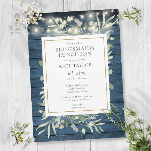 Rustic Greenery String Lights Bridesmaids Luncheon Kaart