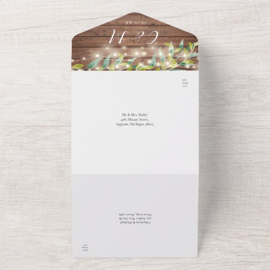 Rustic Greenery String Lights Mason Jars Wedding All In One Uitnodiging (Buitenkant)