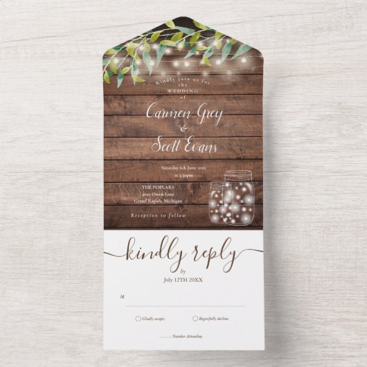 Rustic Greenery String Lights Mason Jars Wedding All In One Uitnodiging (Binnen)