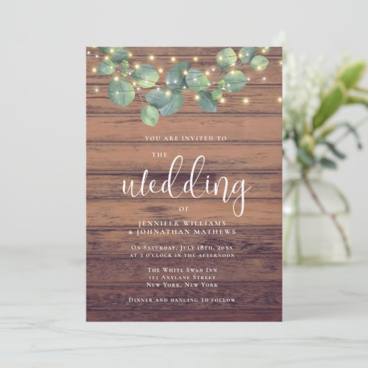 Rustic Greenery String Lights Wedding Kaart (Staand voorkant)