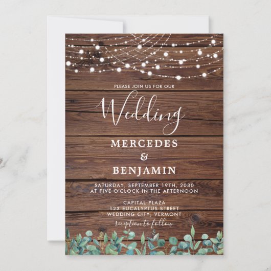 Rustic Greenery String Lights Wood QR Code Weddens Kaart (Voorkant)