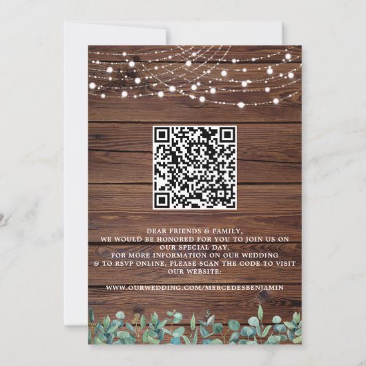 Rustic Greenery String Lights Wood QR Code Weddens Kaart (Achterkant)