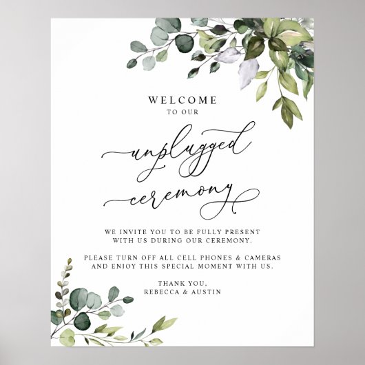 Rustic Greenery Unplugged Wedding Ceremony Sign Poster (Voorkant)