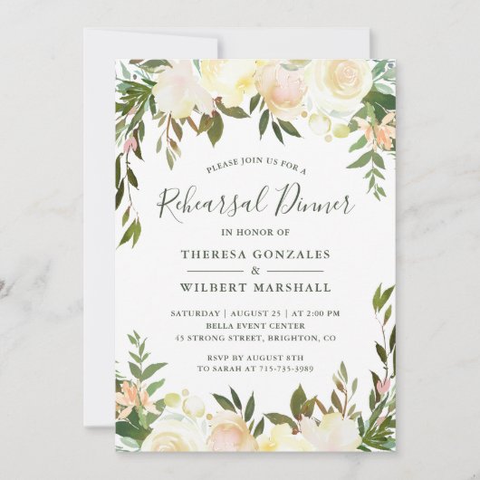 Rustic Greenery Waterverf Floral Rehearsal Dinner Kaart (Voorkant)