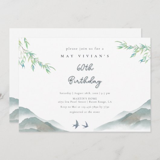 Rustic Greenery Waterverf Mountain 60e verjaardag Kaart (Voorkant / Achterkant)