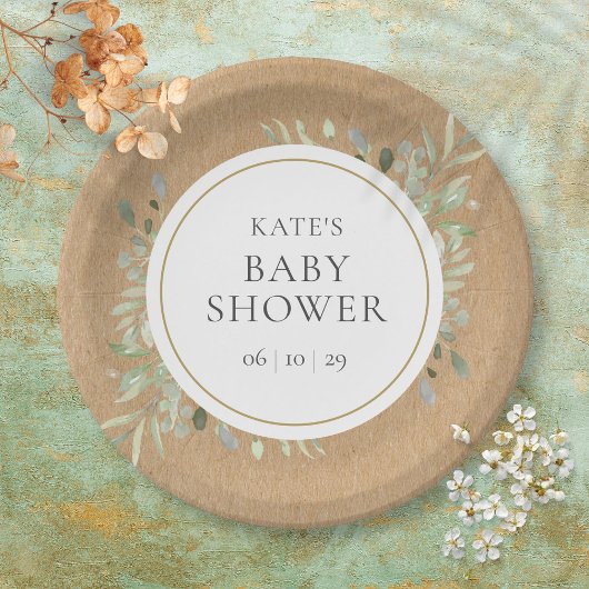 Rustic Greenery Waterverf Neutraal Baby shower Papieren Bordje