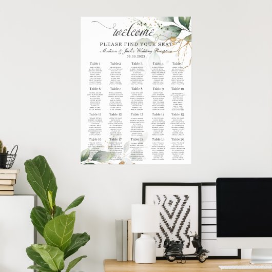 Rustic Greenery Weddingn Gold Leaves Seating Chart Poster (Thuiskantoor)