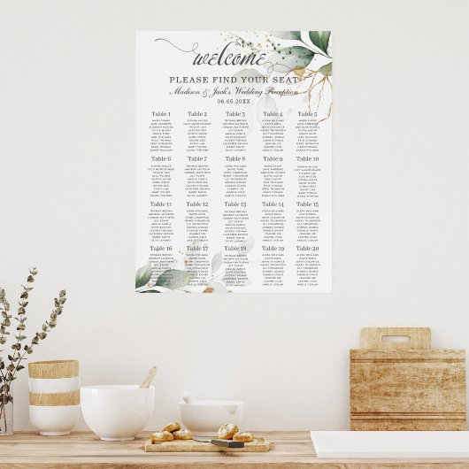 Rustic Greenery Weddingn Gold Leaves Seating Chart Poster (Keuken)