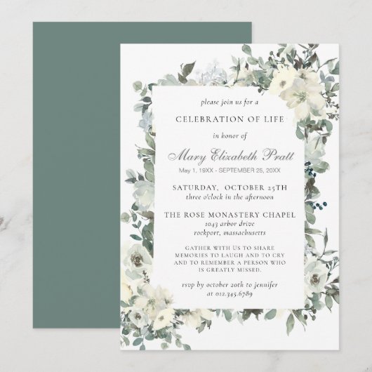 Rustic Greenery White Floral Celebration of Life Kaart (Voorkant / Achterkant)